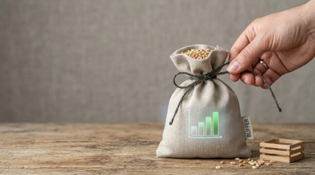 Supply chain buffer visualized by a hand tying a linen sack of cash to keep a protected reserve for operations