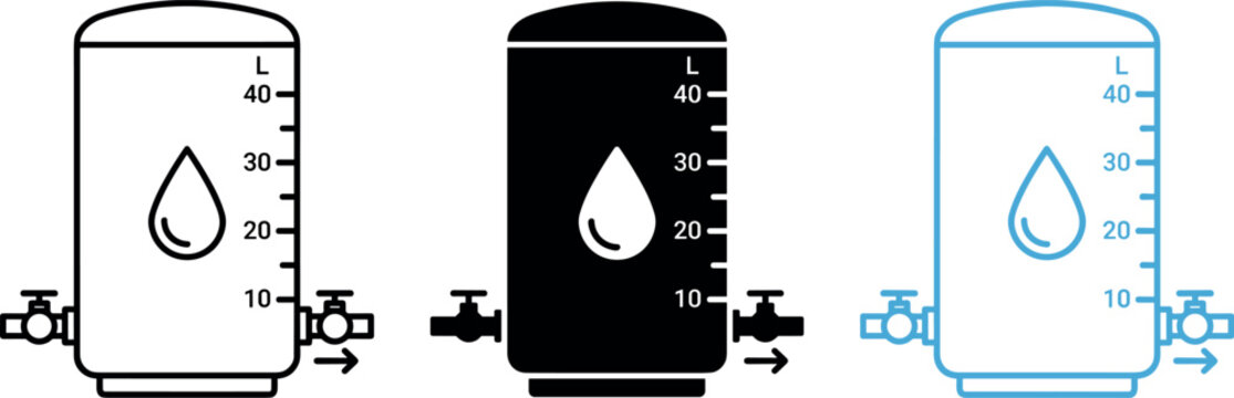 Water heater boiler tank vector icon set with scale measurement, valves, and drop symbols in outline and solid styles