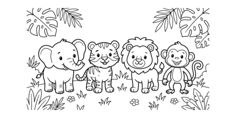 Fotobehang Zoo Cute cartoon animals including an elephant tiger lion and monkey in a fun jungle coloring page scene  © AsmaAkter