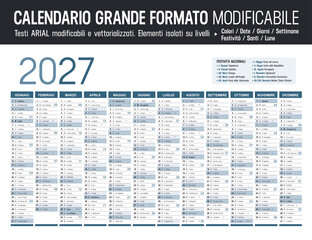 Naklejka premium Calendario 2027 italiano grande formato modificabile, pianificatore annuale orizzontale vettoriale con festività e santi