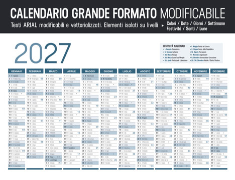 Calendario 2027 italiano grande formato modificabile, pianificatore annuale orizzontale vettoriale con festivit&agrave; e santi