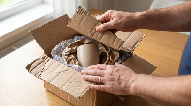 Customer opening crushed damaged delivery cardboard box with ceramic coffee mug wrapped in protective bubble wrap safe inside after shipping online order at home