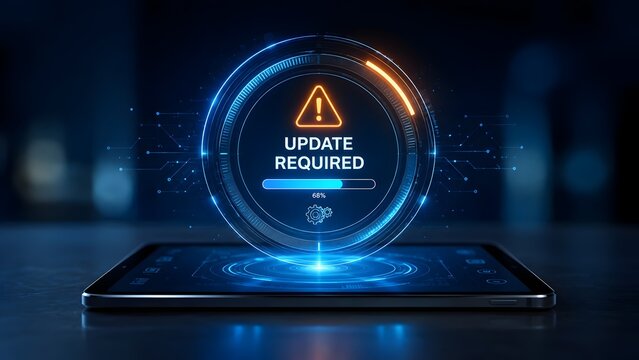 Futuristic hologram projecting from a tablet showing update required alert with progress bar and gears for mobile device system upgrade and software patch