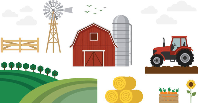 Traditional organic farm agriculture vector set featuring red barn silo tractor windmill green hills hay bales isolated landscape icons.
