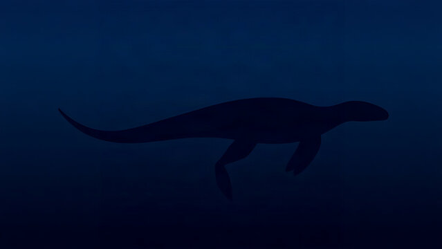 Silhouette of a plesiosaurus with wavy curves against an ocean gradient.