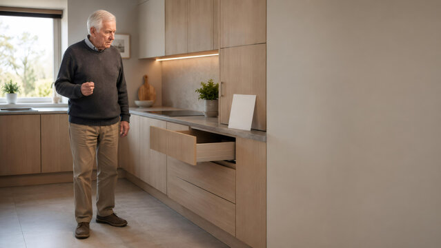 Confused senior man standing in kitchen looking at open drawer. Elderly male character experiencing memory loss, disorientation or dementia symptoms. Mental health and neurology concept.