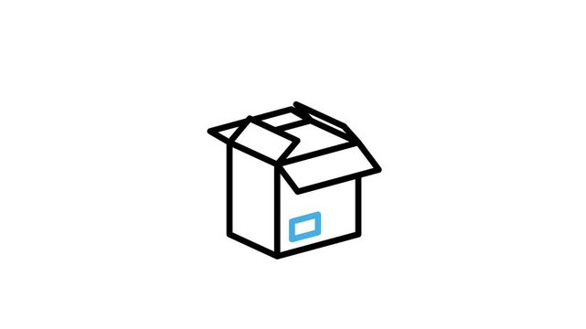 Animated place the package into the box icon. Open cardboard or storage or cardbox with down arrow animation video for packing product, shipping, delivery. Motion graphics with alpha channel