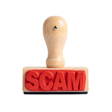Red rubber scam stamp on white background