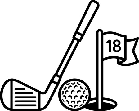  Golf club ball and 18th hole flag line art vector illustrationGolf club ball and 18th hole flag line art vector illustration