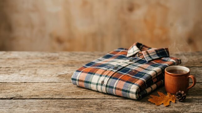A folded flannel shirt rests on a rustic wooden table. A warm mug of coffee sits beside it, accompanied by a pinecone and a fallen maple leaf.