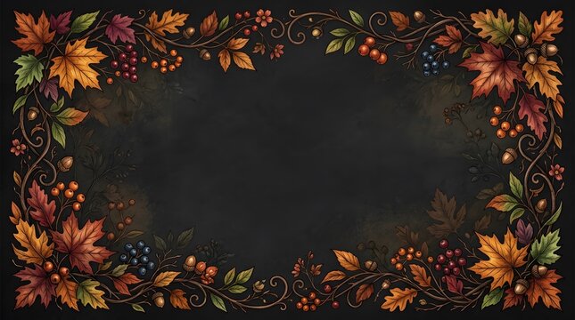 A stunning and vibrant thanksgiving border composed of richly colored autumn leaves perfect for invitations cards or digital festive backgrounds and designs