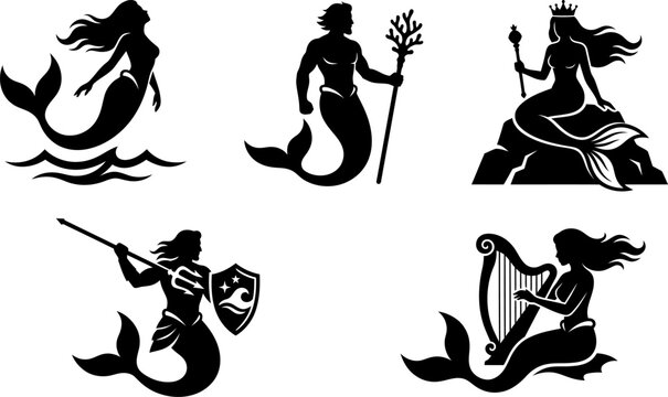  Mermaid and merman silhouette set with mythological sea characters vector illustrationMermaid and merman silhouette set with mythological sea characters vector illustration