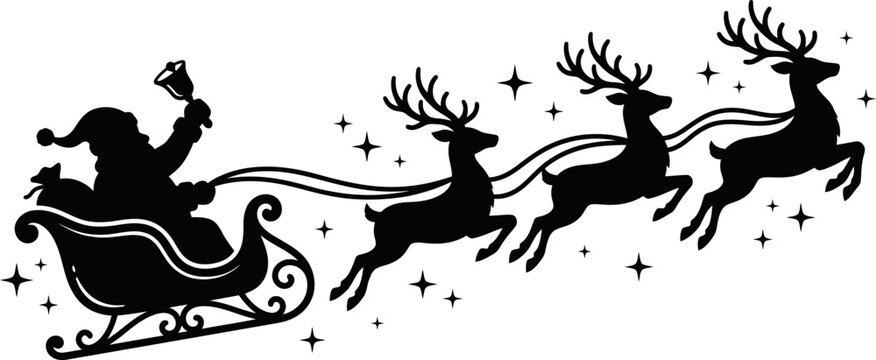  Santa Claus flying in sleigh with reindeers Christmas silhouette vector illustrationSanta Claus flying in sleigh with reindeers Christmas silhouette vector illustration