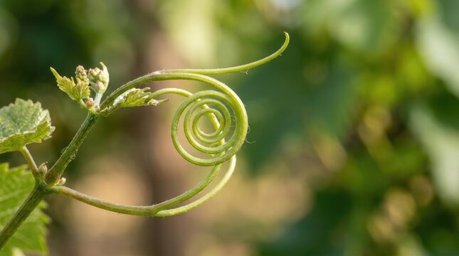 A close-up shot captures a vibrant vine tendril gracefully spiraling upwards. The tendril, adorned with small green buds, showcases a mesmerizing spiral pattern.