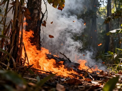 Rainforest Fire Disaster with Dense Smoke and Burning Trees, Wildfire in Tropical Forest, Environmental Crisis, Deforestation, Climate Change and Emergency Response Concept