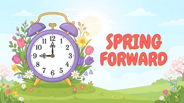 Spring forward daylight saving time concept with vintage alarm clock and floral background