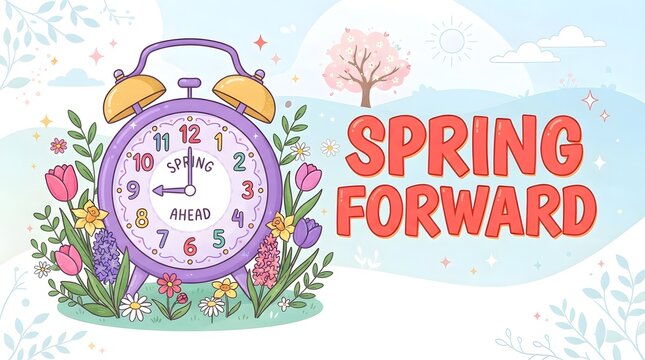 Spring forward time change concept with flowers and vintage alarm clock illustration