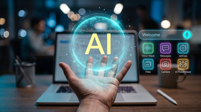 Businessman hand holding virtual AI sphere with digital icons and welcome interface, artificial intelligence automation, smart technology, data processing and future innovation concept with laptop