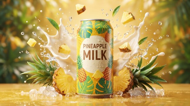 Dynamic splash of 'PINEAPPLE MILK' drink can with fresh pineapple chunks and ice on a vibrant wooden surface, against a blurred tropical background, capturing a refreshing summer advertisement scene.