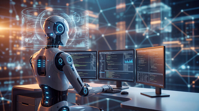 Humanoid robot software developer working at desk with three monitors analyzing programming code and cyber security data on futuristic HUD hologram 