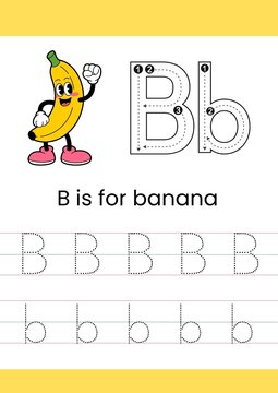 Digital illustration of a black and white educational printable worksheet template for letter B Tracing.
