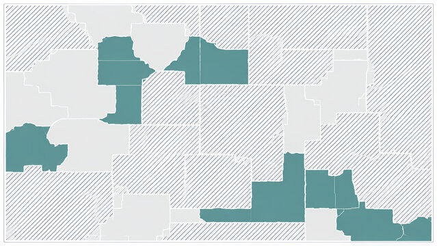 Abstract county grid map with teal highlighted regions and hatch fill