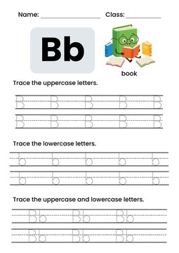 Digital illustration of a black and white educational printable worksheet template for letter B Tracing.