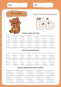 Educational tracing and writing alphabet worksheet for the letter B, learning English for children, printable template.