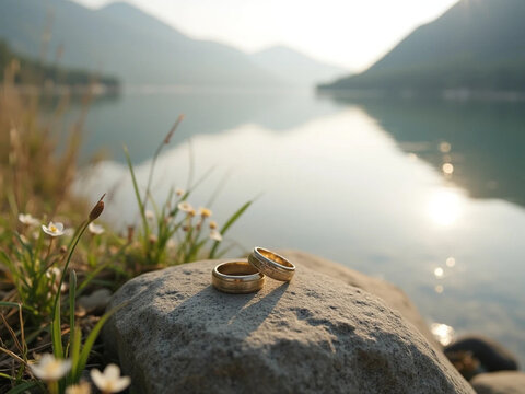golden wedding rings on rough rock by lakeside with blurred mountains, soft natural light and wildflowers