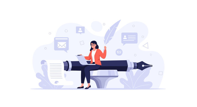 Woman Writing on Giant Pen with Laptop and Feather, Modern Flat Illustration Style, Concepts of Writing, Blogging, Communication, and Creativity