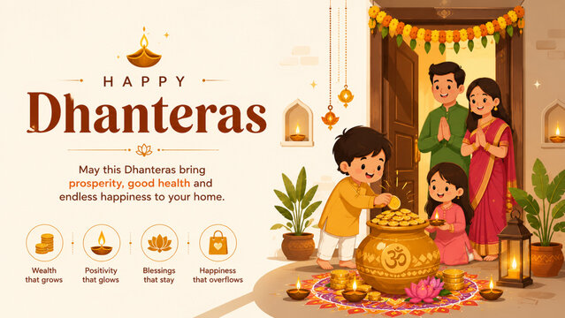 Happy dhanteras greeting card illustration with indian family celebrating festival of wealth and prosperity gold pot traditional festival diya lamps hindu festival vector illustration gold coins