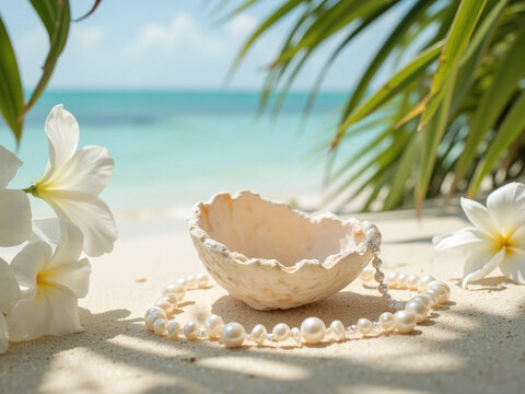 seashell bowl with pearl bracelet on sandy beach, turquoise ocean, palm fronds, soft natural sunlit scene
