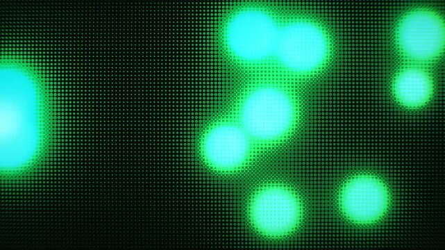 Cyan bioluminescent metaballs morph and glow through an electronic halftone matrix in a dynamic 3D animation ideal for futuristic science and technology backgrounds