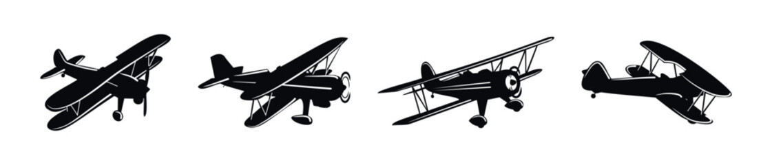Collection of vintage biplane silhouettes in various dynamic poses © 11ua