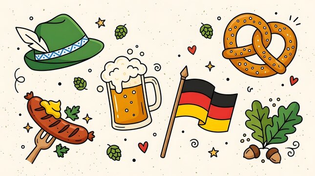 Festive Oktoberfest doodle collection with beer pretzel sausage hat and German flag elements