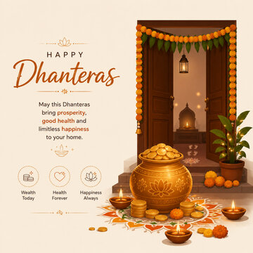 Happy dhanteras greeting design showing children celebrating wealth festival with golden pot and diyas gold pot indian festival diya lamps cultural holiday hindu festival auspicious day