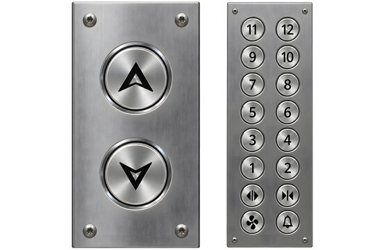 Steel Elevator Control Panel with Floor Buttons, Up and Down Arrow Buttons Isolated on transparent background 