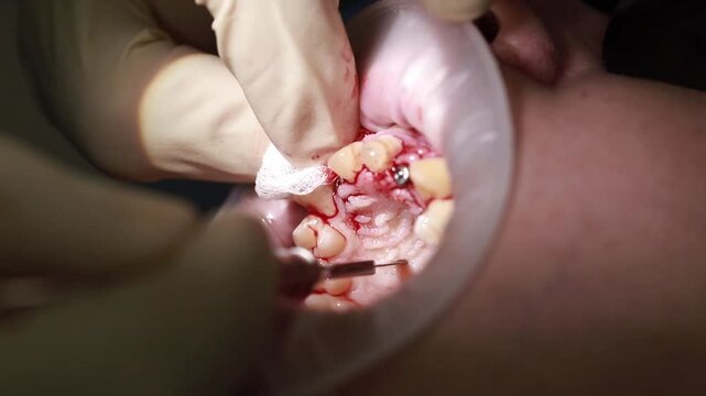 A dental surgeon performs gingivoplasty prior to dental implant placement&mdash;a procedure involving a connective tissue graft or transplant.