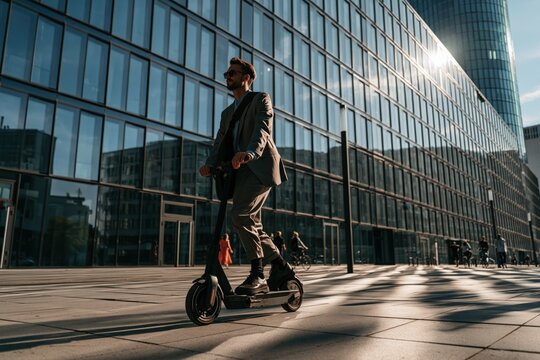 Businessman commuting on electric scooter in urban environment