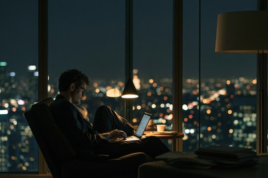 Businessman working on laptop late at night in apartment