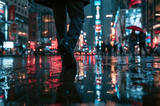 Person walking in Times Square during rainy night