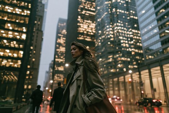 Woman walking city street at night in trench coat