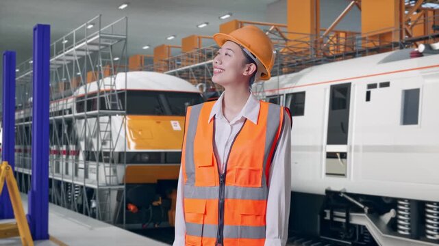 Asian Female Engineer With Safety Helmet Looking Around While Standing at Train Locomotives Maintenance Depot Scaffolding