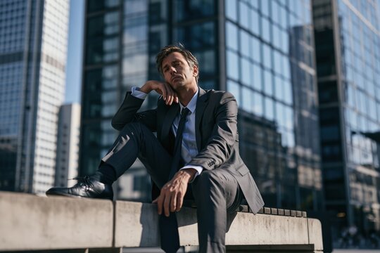 Exhausted businessman experiencing burnout and career crisis in urban setting