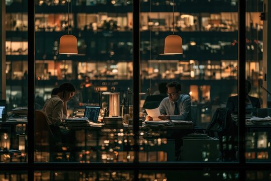 Business people working late in office at night