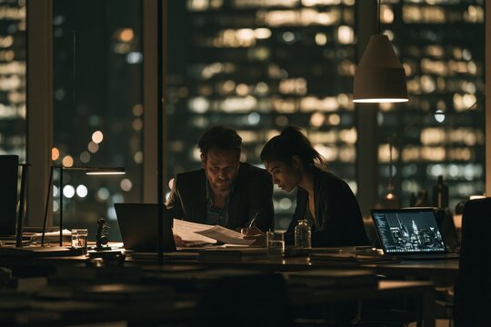 Colleagues collaborating late night in modern corporate office
