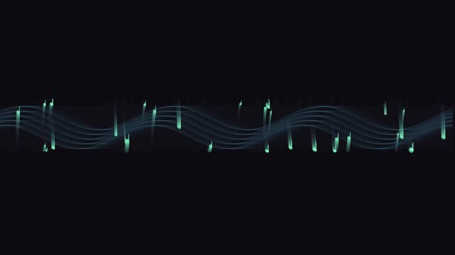 Digital audio frequency waveform animation displaying rhythmic blue neon light pulses with flowing geometric waves moving horizontally across a deep black background in this high quality video.