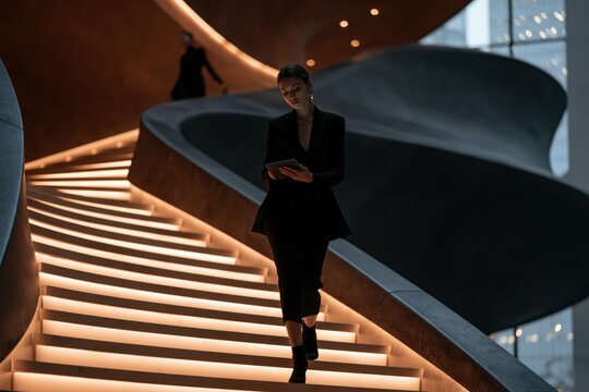 Woman walking down illuminated modern spiral stairs using tablet