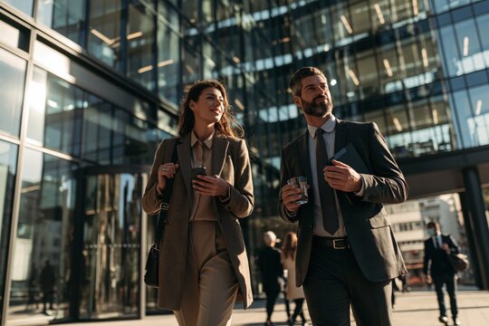 Business professionals walking in modern city with corporate buildings