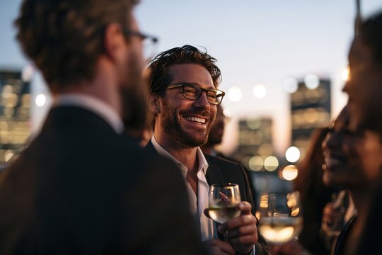 Happy man networking at rooftop business party